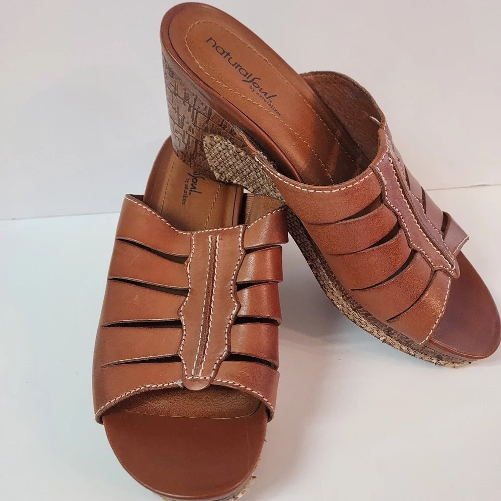 Natural Soul Women's 10 M by Naturalizer LIZA Brown Slide Wedge Platform Sandals